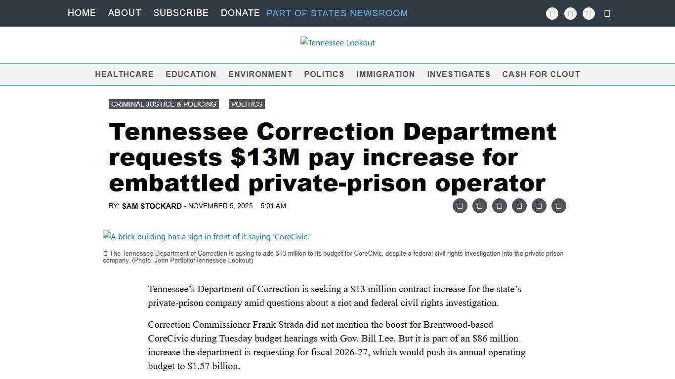 Tennessee Correction Department requests $13M pay increase for embattled private-prison operator • Tennessee Lookout